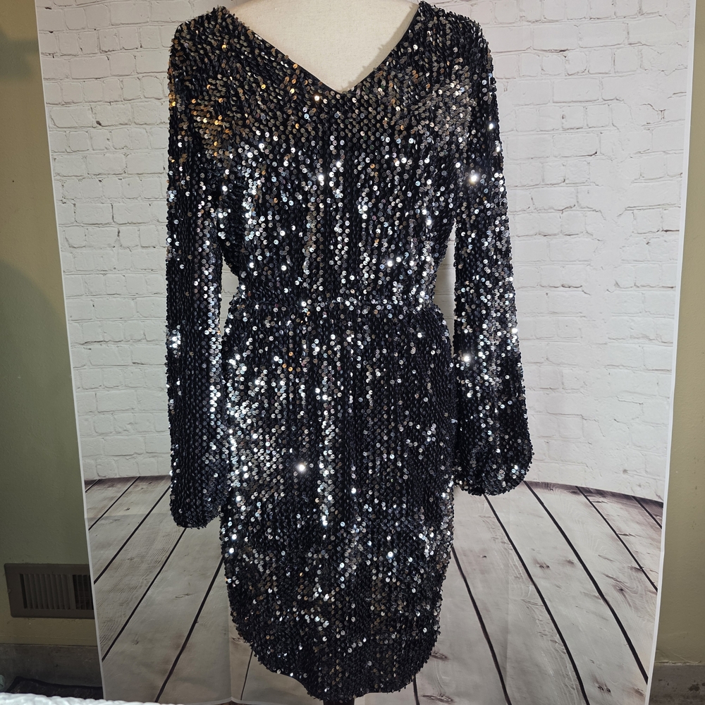 ICHI Denmark Black Silver Sequin Long Sleeve Mini Dress Open Back Party Size Mā